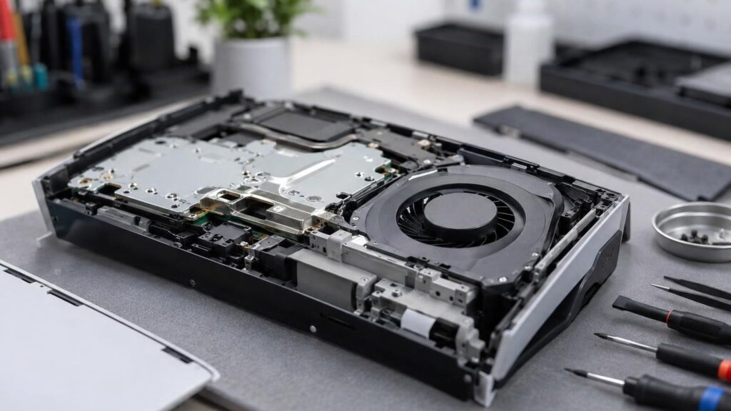 Žaidimų konsolės remontas dirbtuvėje – meistras tikrina PlayStation vidų