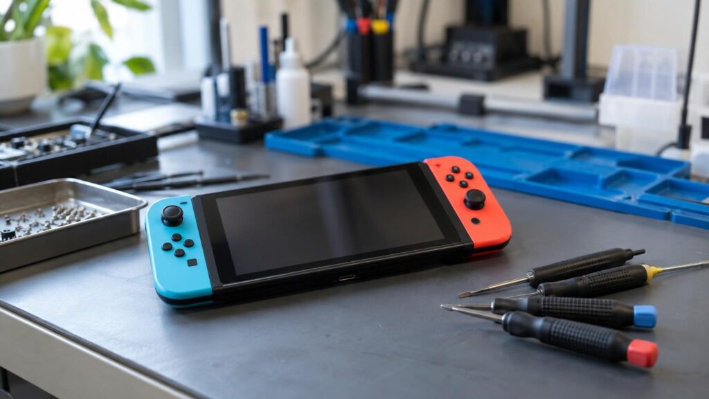 Nintendo Switch konsolė su Joy-Con pulteliais remonto metu