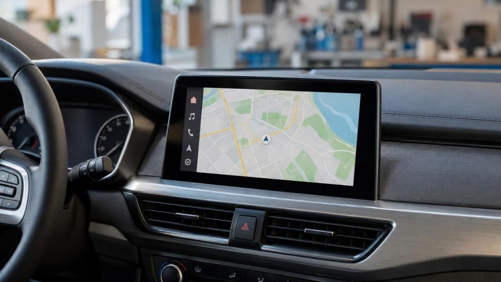 Nissan automobilio navigacijos ekranas su žemėlapiu