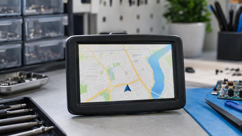 Nešiojamas TomTom ar Garmin tipo navigacijos prietaisas su žemėlapiu ekrane